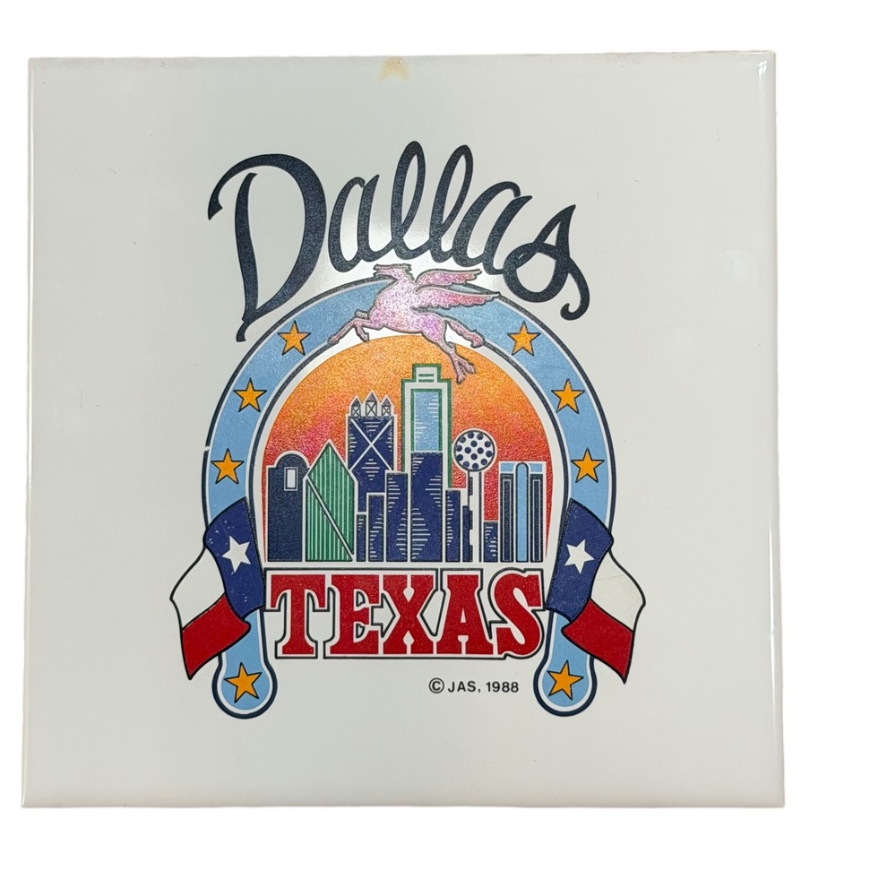 Vintage 1988 Dallas Texas Skyline Pegasus Ceramic Tile Wall Hanging Souvenir 6x6